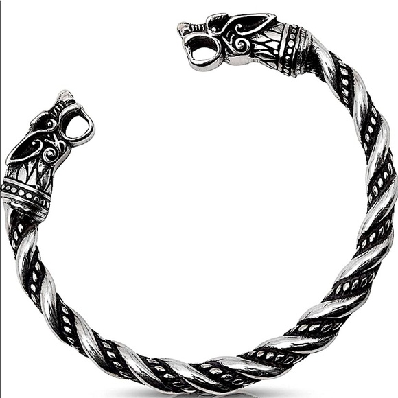 STAINLESS STEEL VIKING WOLF BRACELET SILVER ARM BAND CUFF BANGLE - Picture 4 of 9